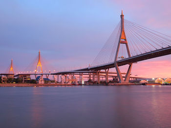 View of bridge over river at sunset