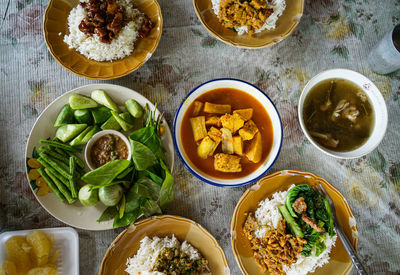 High angle view of meal served on table