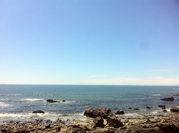 Scenic view of sea against clear blue sky