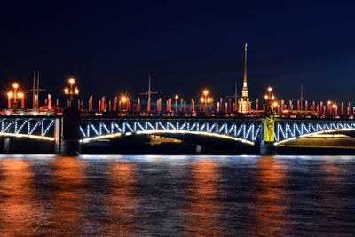 Illuminated trinity bridge over neva river against sky at night