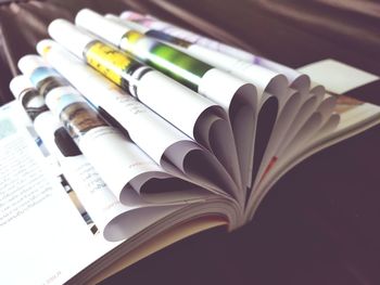 High angle view of books on table