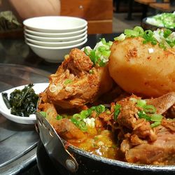 High angle view of food in plate on table