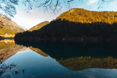 Scenic view of lake by trees against sky