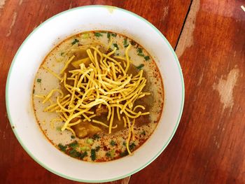 High angle view of soup in bowl on table