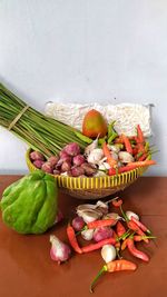 High angle view of fruits and vegetables on table
