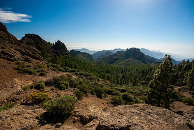 Scenic view of mountains against blue sky