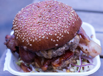 Close-up of hamburger on table