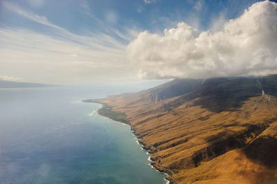 Aerial view of sea and mountains against sky