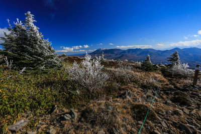 Scenic view of land and mountains against blue sky