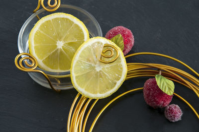 High angle view of fruits on table
