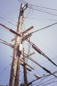 Low angle view of electricity pylon against clear sky