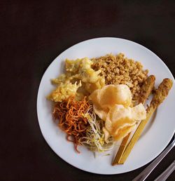 High angle view of food in plate on table