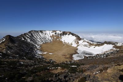 Scenic view of snow covered mountain against clear sky