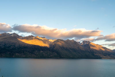 Scenic view of lake by mountains against sky