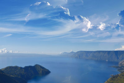 Panoramic view of sea and mountains against sky