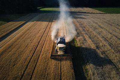 Combine harvester working in agricultural field. harvest season