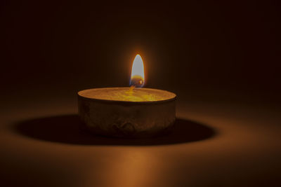 Close-up of illuminated tea light candle