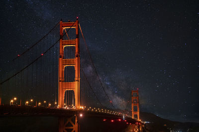 Illuminated golden gate suspension bridge under beautiful star field at night