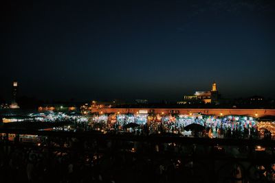 High angle view of illuminated buildings at night