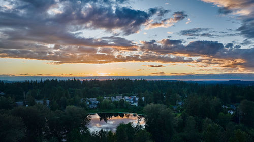 High angle view of townscape against sky during sunset