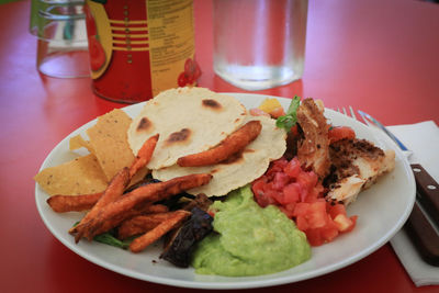 High angle view of meal served on table