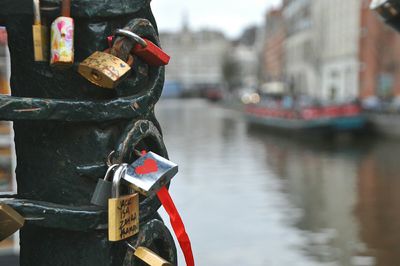Close-up of padlocks against the canal