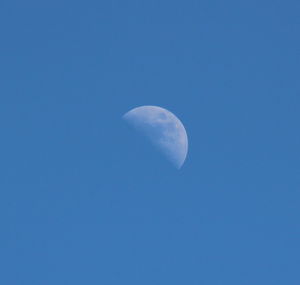 Low angle view of moon against clear blue sky