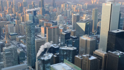 High angle view of modern buildings in city