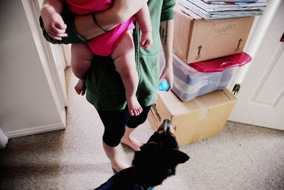 Low section of mother carry baby girl standing by dog at home