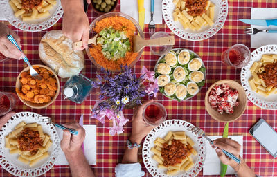 High angle view of meal served on table