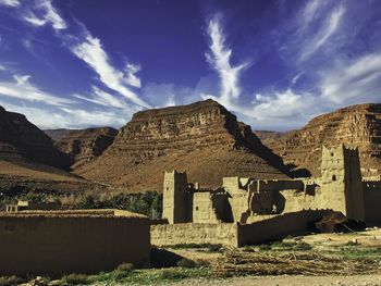 Remote town in the arid moroccan countryside. mud brick construction.