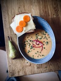 High angle view of breakfast served on table