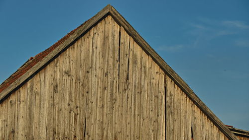 Low angle view of old building against clear blue sky