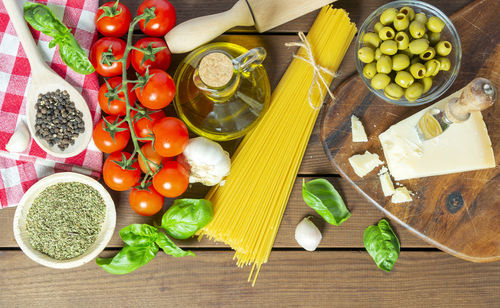 High angle view of chopped vegetables on cutting board