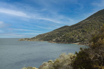 Scenic view of sea and mountains against sky