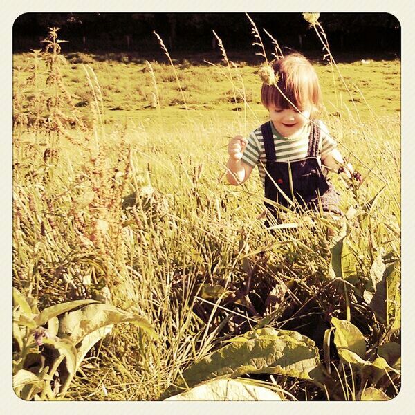 person, transfer print, casual clothing, lifestyles, full length, childhood, elementary age, leisure activity, auto post production filter, young adult, grass, young women, girls, field, standing, plant, side view, looking at camera