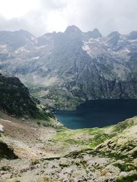 Scenic view of lake and mountains against sky