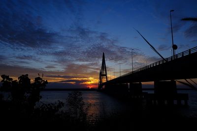 Silhouette bridge over river against sky during sunset