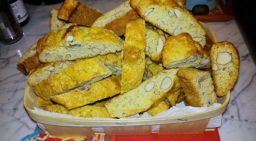 High angle view of bread in basket on table