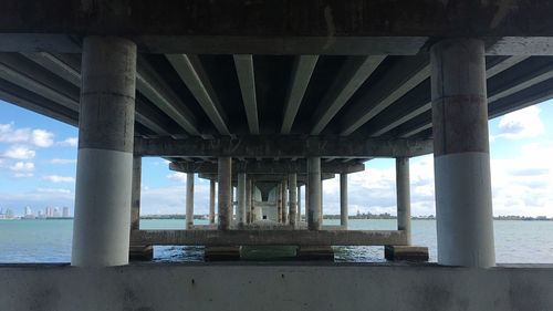 Interior of bridge over river against sky