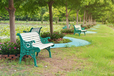 Empty chairs and table in park