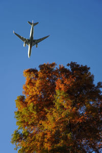 Low angle view of airplane flying against clear blue sky