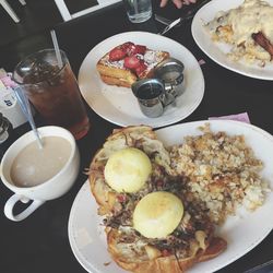 High angle view of food served on table