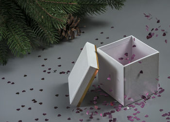 High angle view of christmas decorations on table