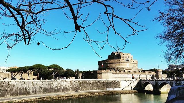 architecture, built structure, tree, building exterior, clear sky, water, bare tree, river, branch, arch, famous place, history, sky, travel destinations, blue, arch bridge, connection, bridge - man made structure, tourism, travel