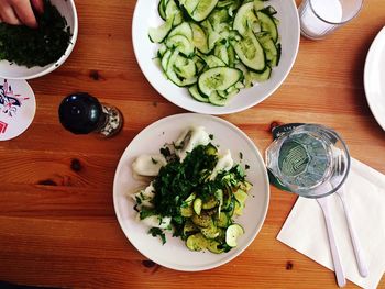 High angle view of salad in bowl on table