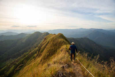 Rear view of man on mountain against sky