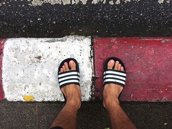 Low section of man standing on road