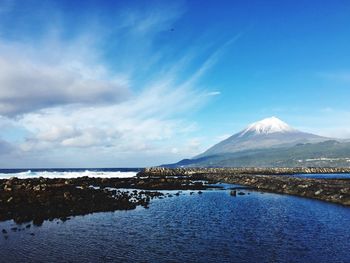 Scenic view of mountains against cloudy sky