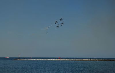 Low angle view of birds flying over sea against clear sky